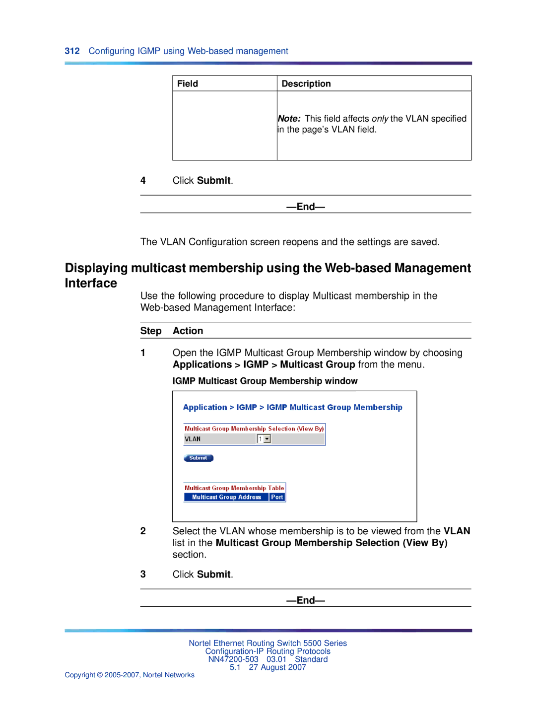 Nortel Networks NN47200-503 manual Click Submit, Vlan Conﬁguration screen reopens and the settings are saved 