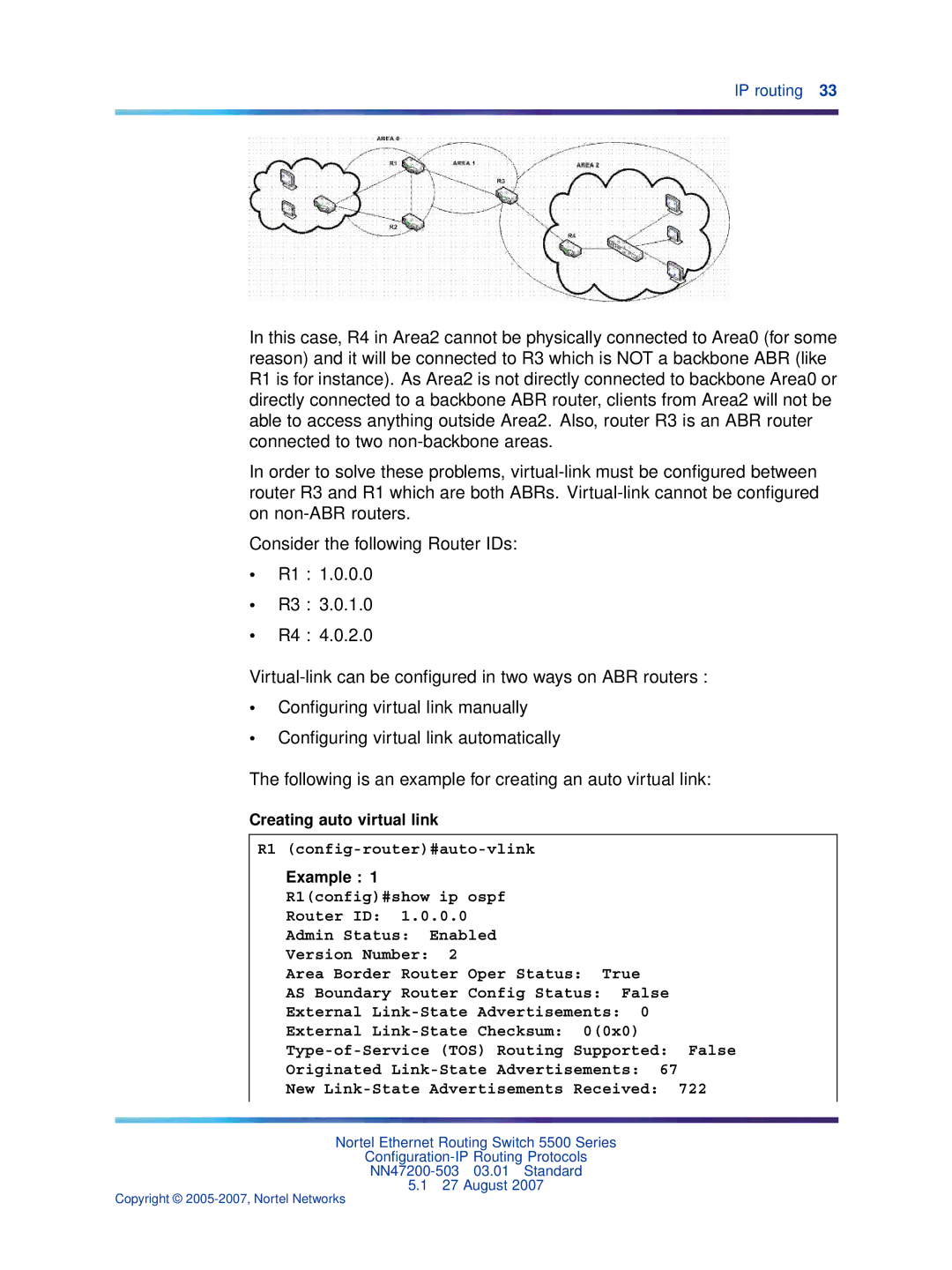 Nortel Networks NN47200-503 manual Creating auto virtual link, R1 config-router#auto-vlink 