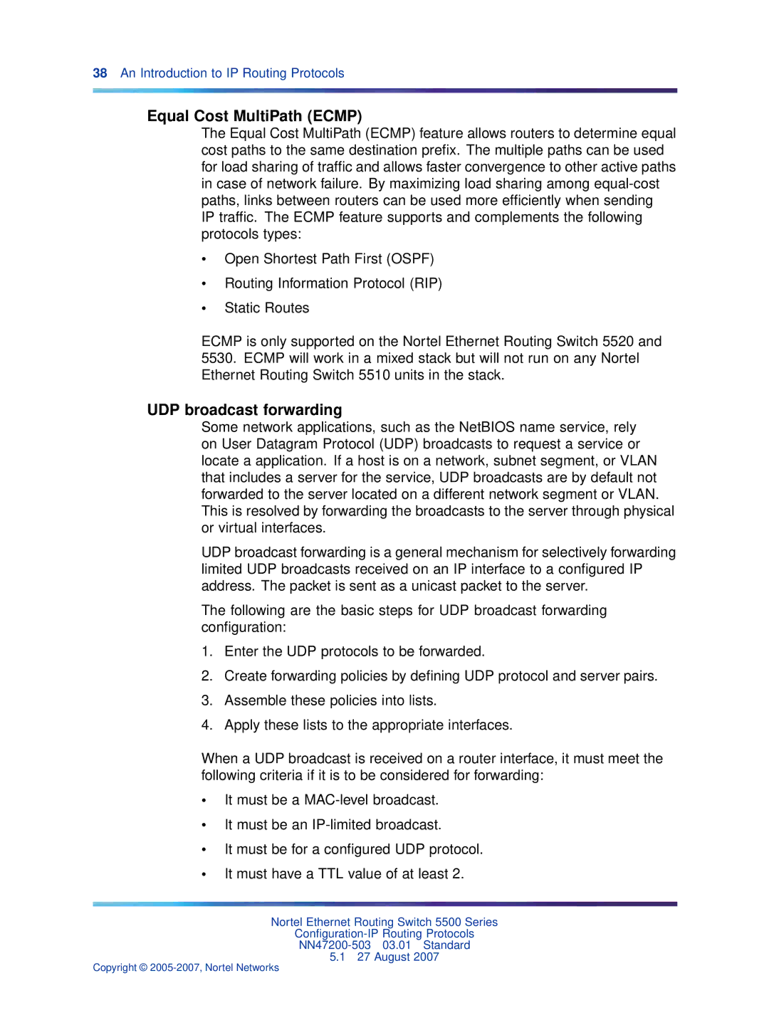 Nortel Networks NN47200-503 manual Equal Cost MultiPath Ecmp, UDP broadcast forwarding 