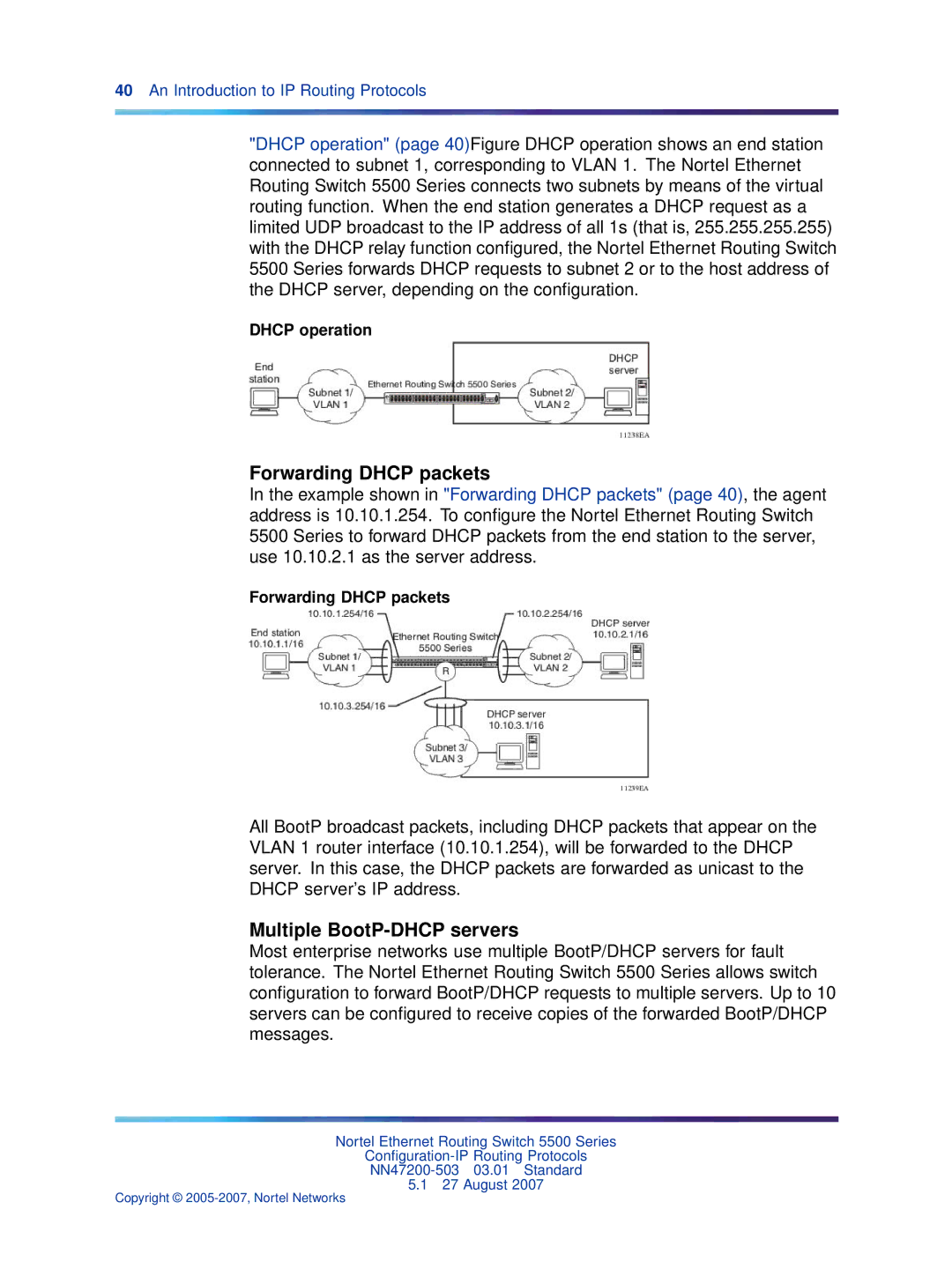 Nortel Networks NN47200-503 manual Forwarding Dhcp packets, Multiple BootP-DHCP servers, Dhcp operation 