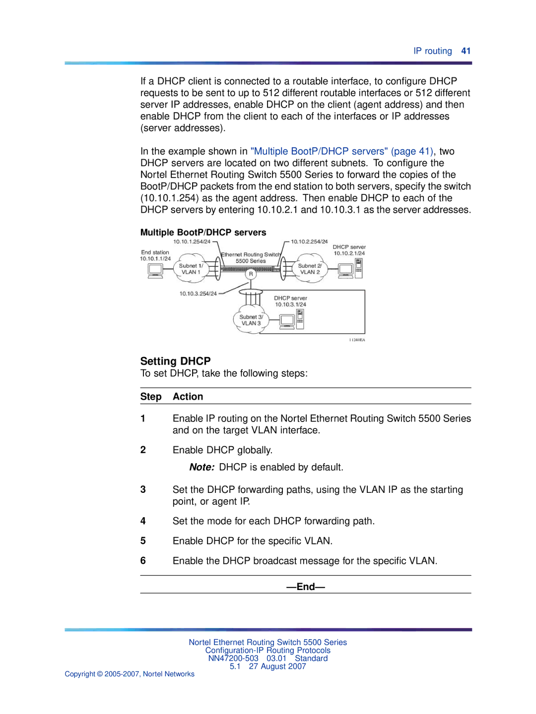 Nortel Networks NN47200-503 manual Setting Dhcp, To set DHCP, take the following steps, Multiple BootP/DHCP servers 