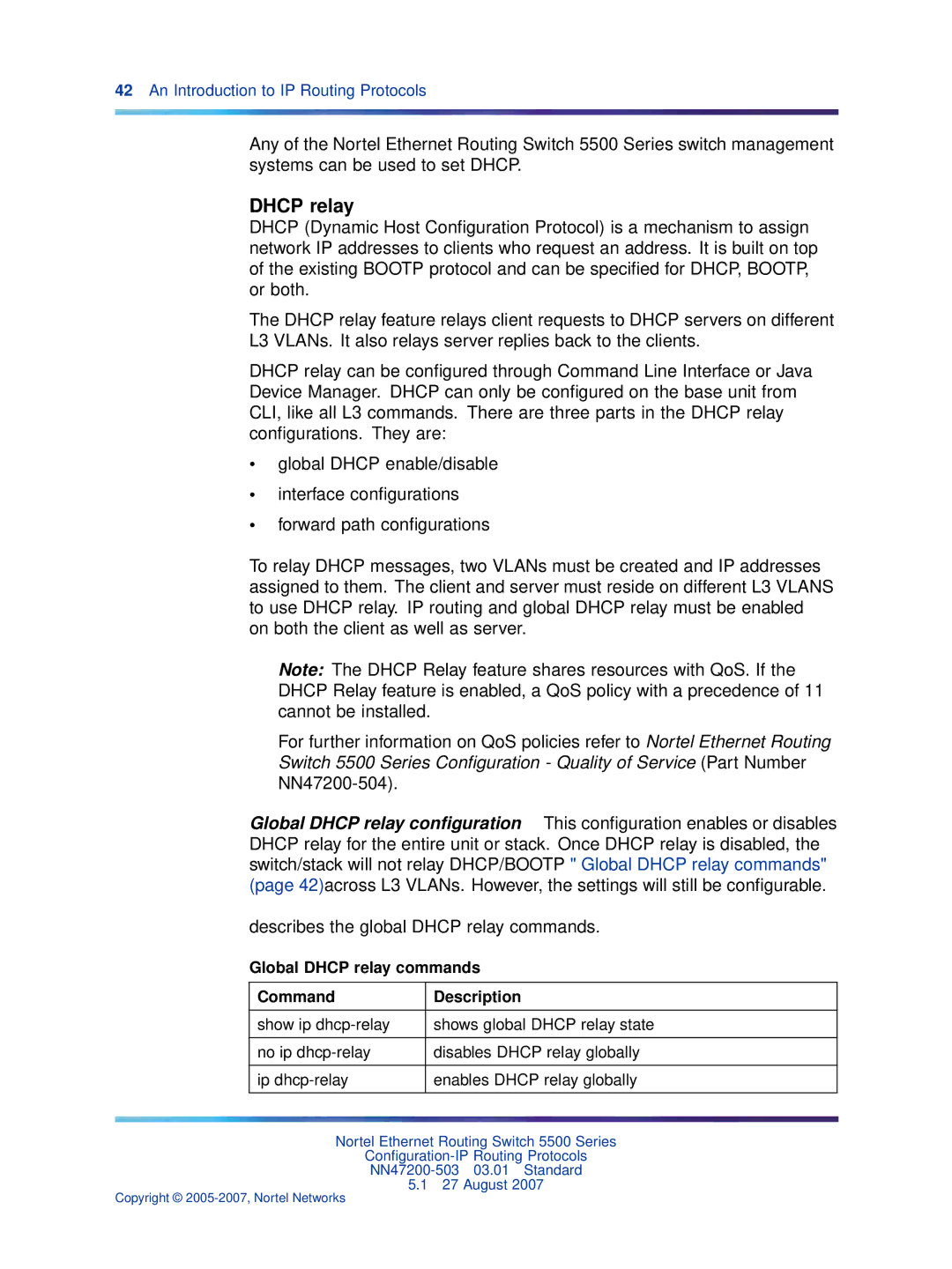 Nortel Networks NN47200-503 manual Global Dhcp relay commands Command Description 