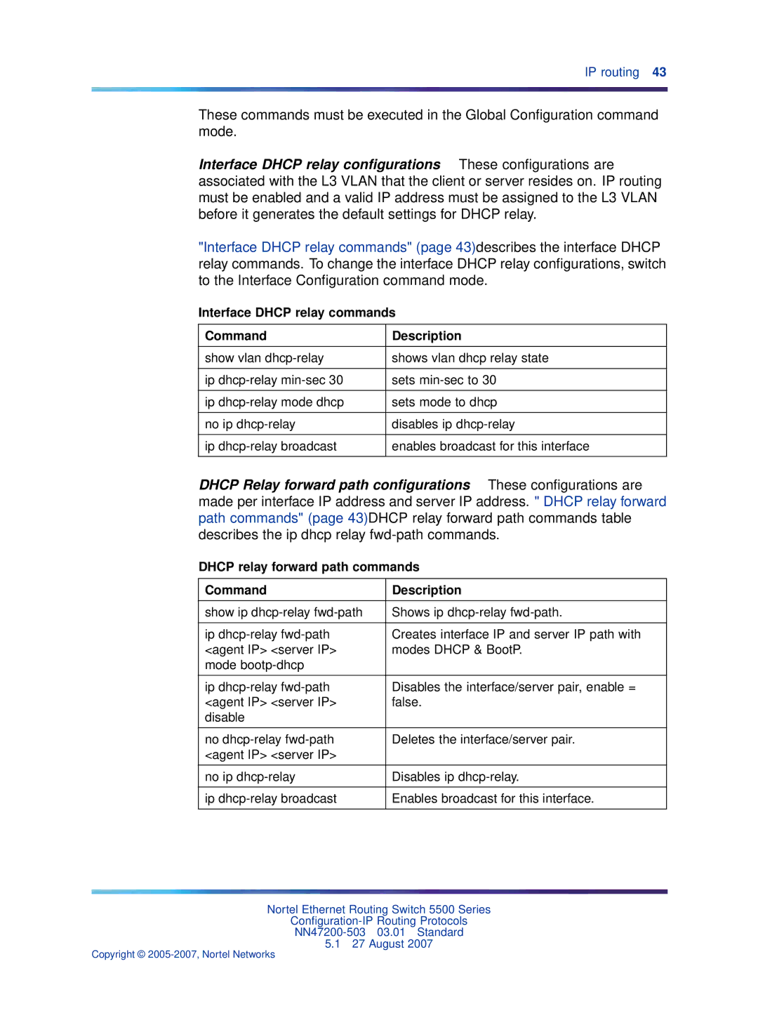 Nortel Networks NN47200-503 manual Interface Dhcp relay commands Command Description 
