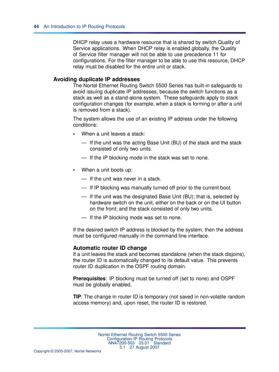 Nortel Networks NN47200-503 manual Avoiding duplicate IP addresses, Automatic router ID change 