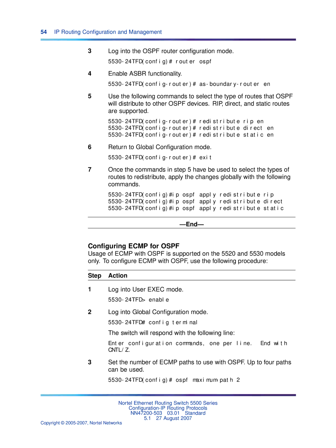 Nortel Networks NN47200-503 manual Conﬁguring Ecmp for Ospf, Log into the Ospf router conﬁguration mode 