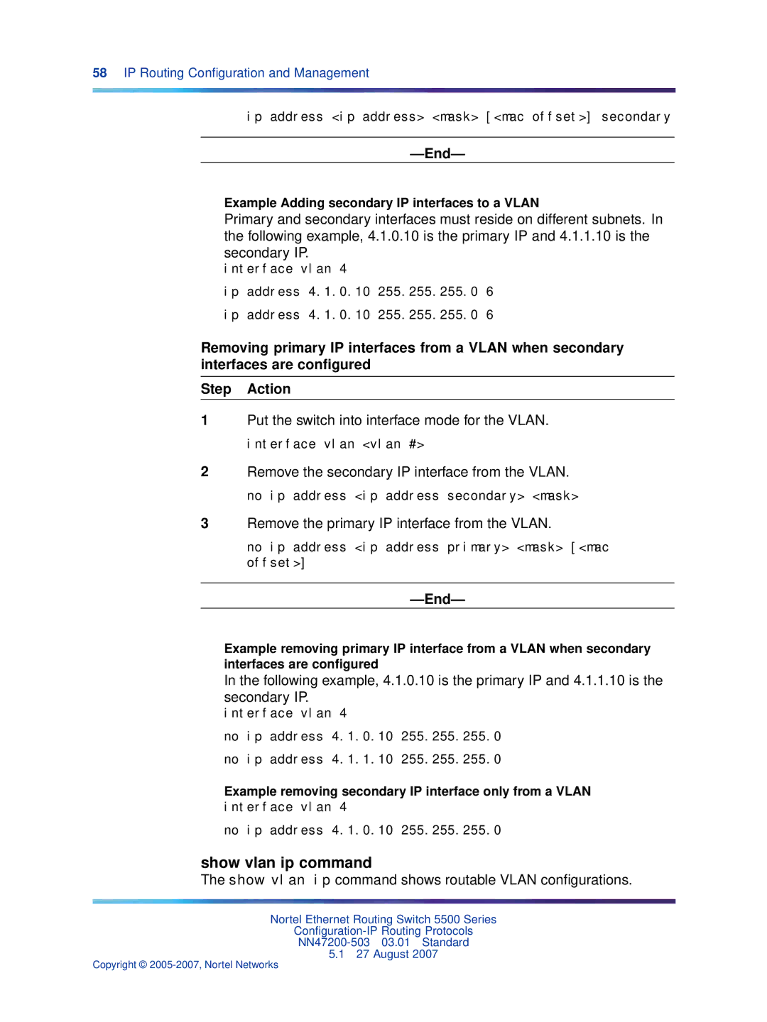 Nortel Networks NN47200-503 manual Show vlan ip command, Remove the primary IP interface from the Vlan 