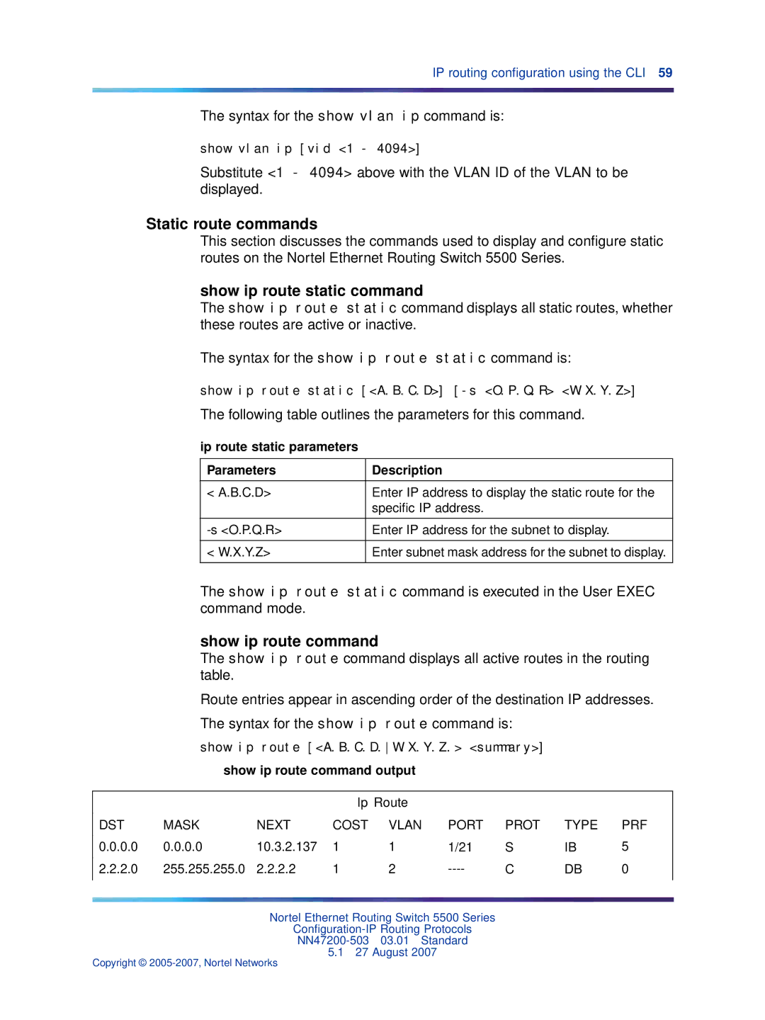 Nortel Networks NN47200-503 manual Static route commands, Show ip route static command, Show ip route command 