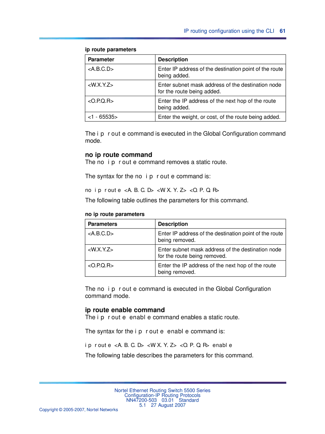 Nortel Networks NN47200-503 manual No ip route command, Ip route enable command, No ip route A.B.C.D W.X.Y.Z O.P.Q.R 