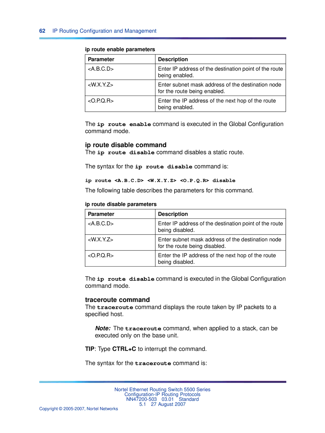 Nortel Networks NN47200-503 Ip route disable command, Traceroute command, Ip route enable parameters Parameter Description 