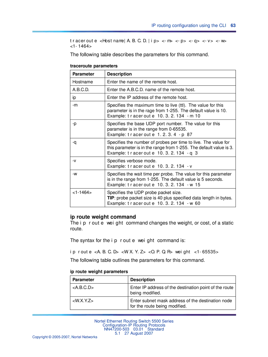 Nortel Networks NN47200-503 manual Ip route weight command 