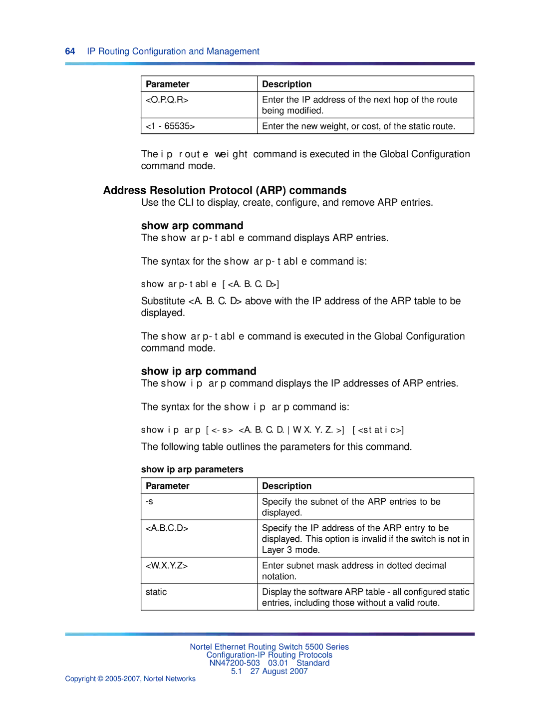 Nortel Networks NN47200-503 manual Address Resolution Protocol ARP commands, Show arp command, Show ip arp command 