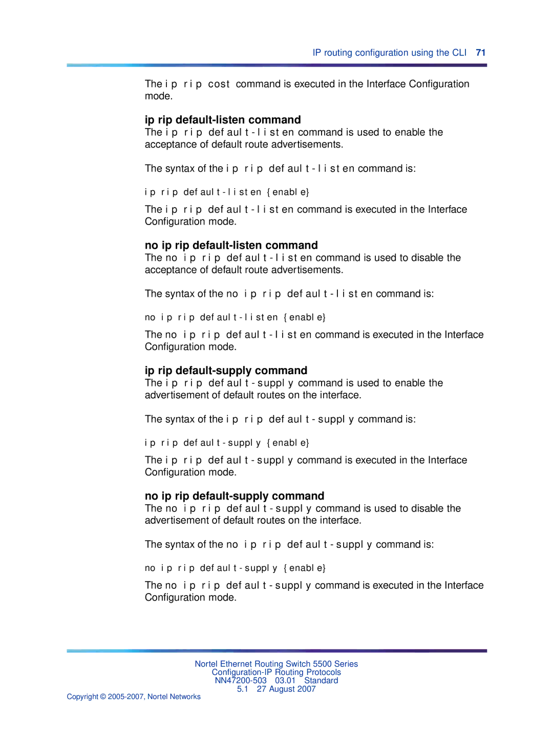 Nortel Networks NN47200-503 Ip rip default-listen command, No ip rip default-listen command, Ip rip default-supply command 