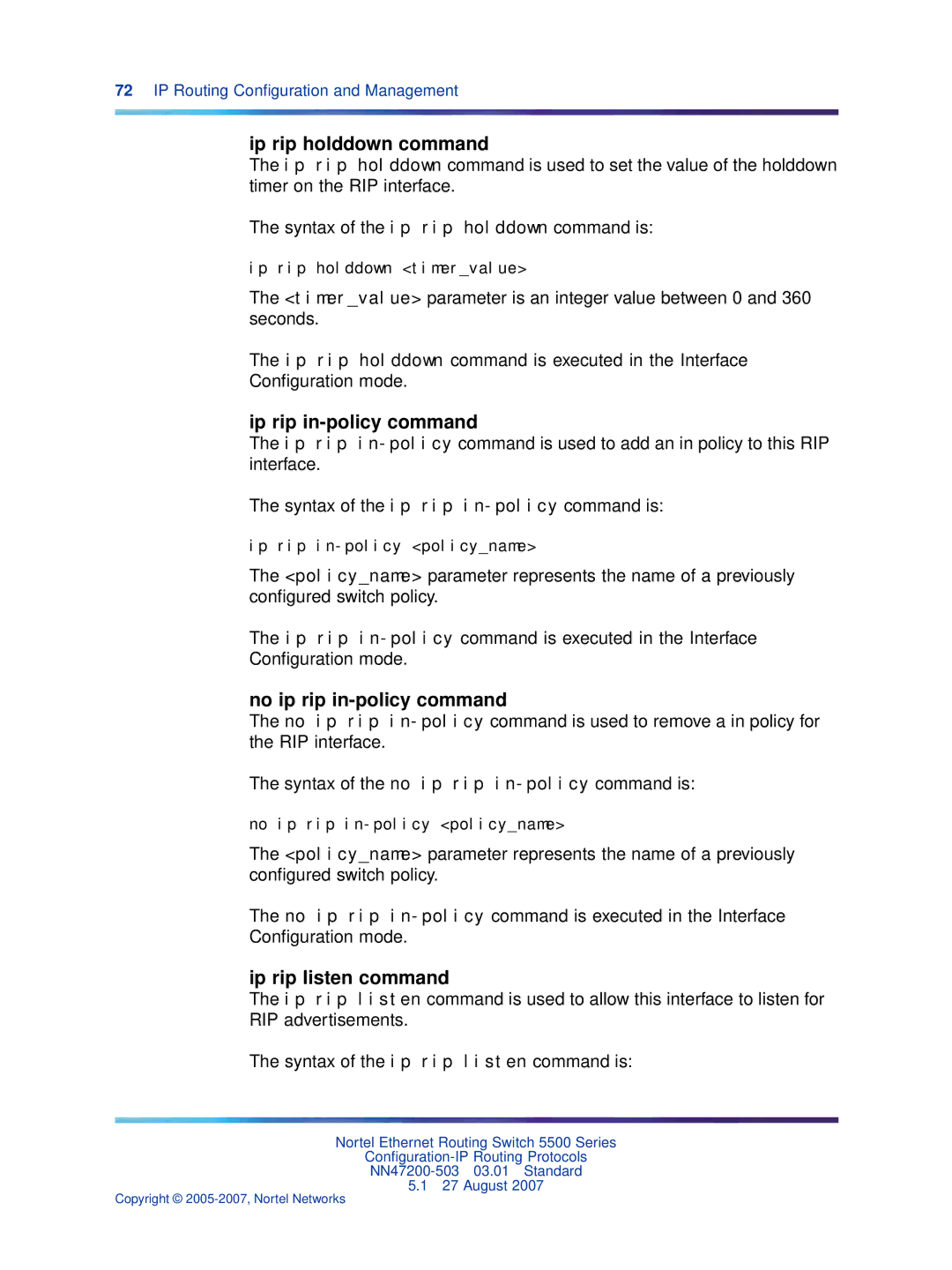 Nortel Networks NN47200-503 manual Ip rip holddown command, Ip rip in-policy command, No ip rip in-policy command 