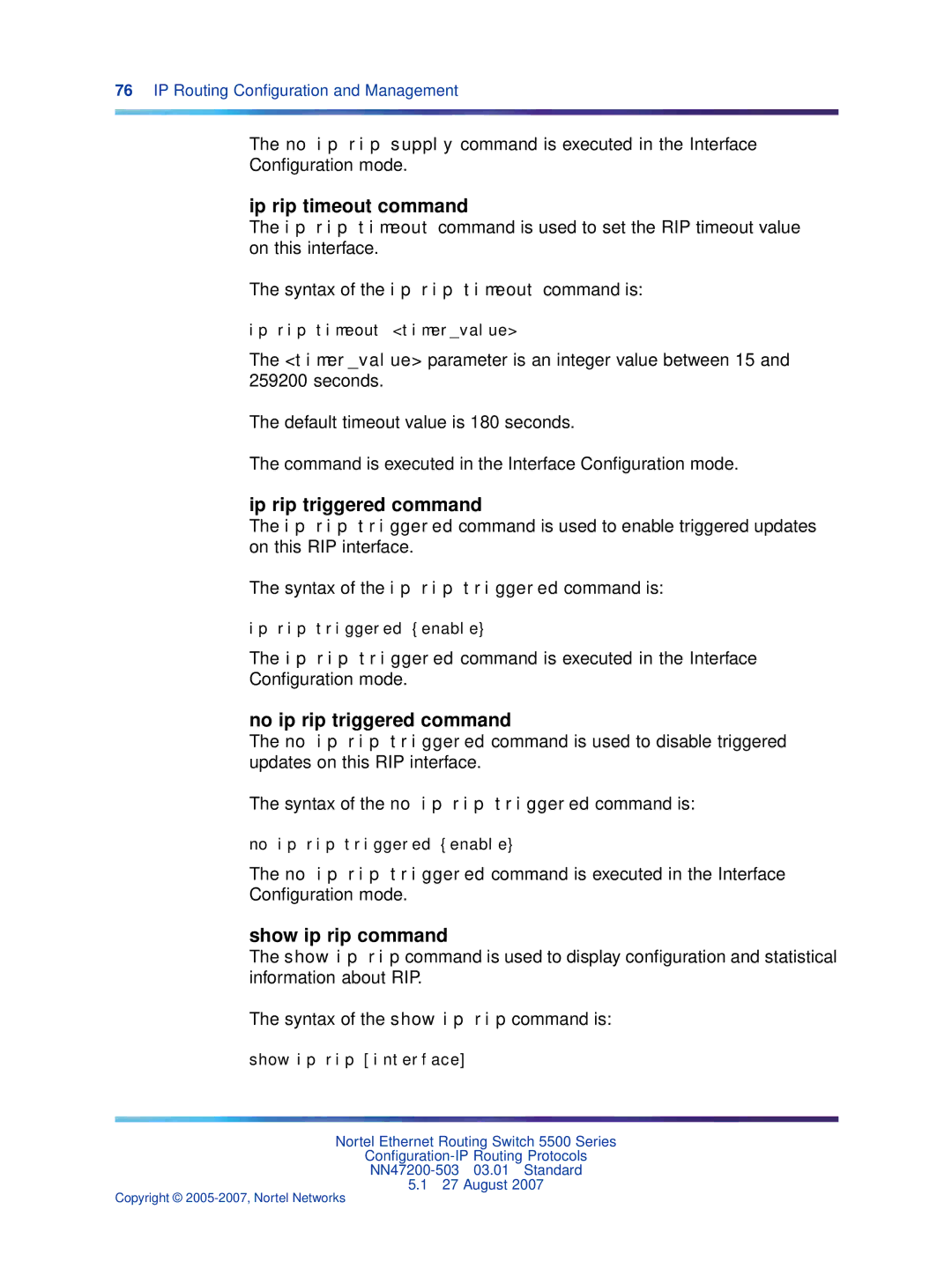 Nortel Networks NN47200-503 manual Ip rip timeout command, Ip rip triggered command, No ip rip triggered command 