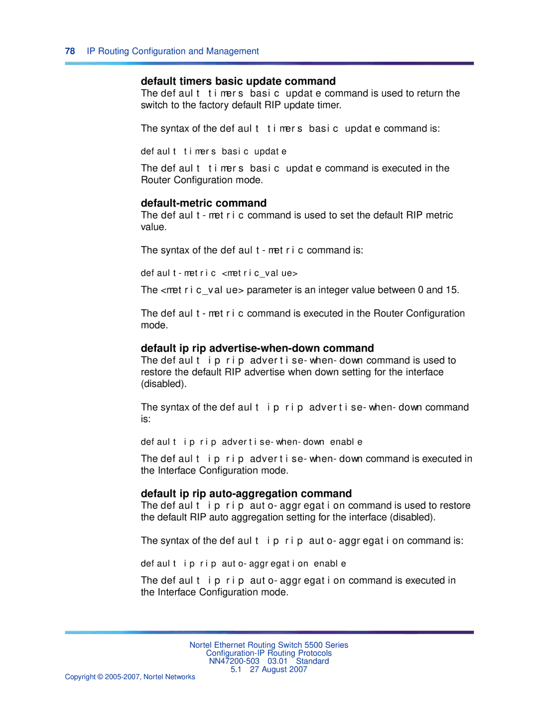 Nortel Networks NN47200-503 manual Default timers basic update command, Default-metric command 