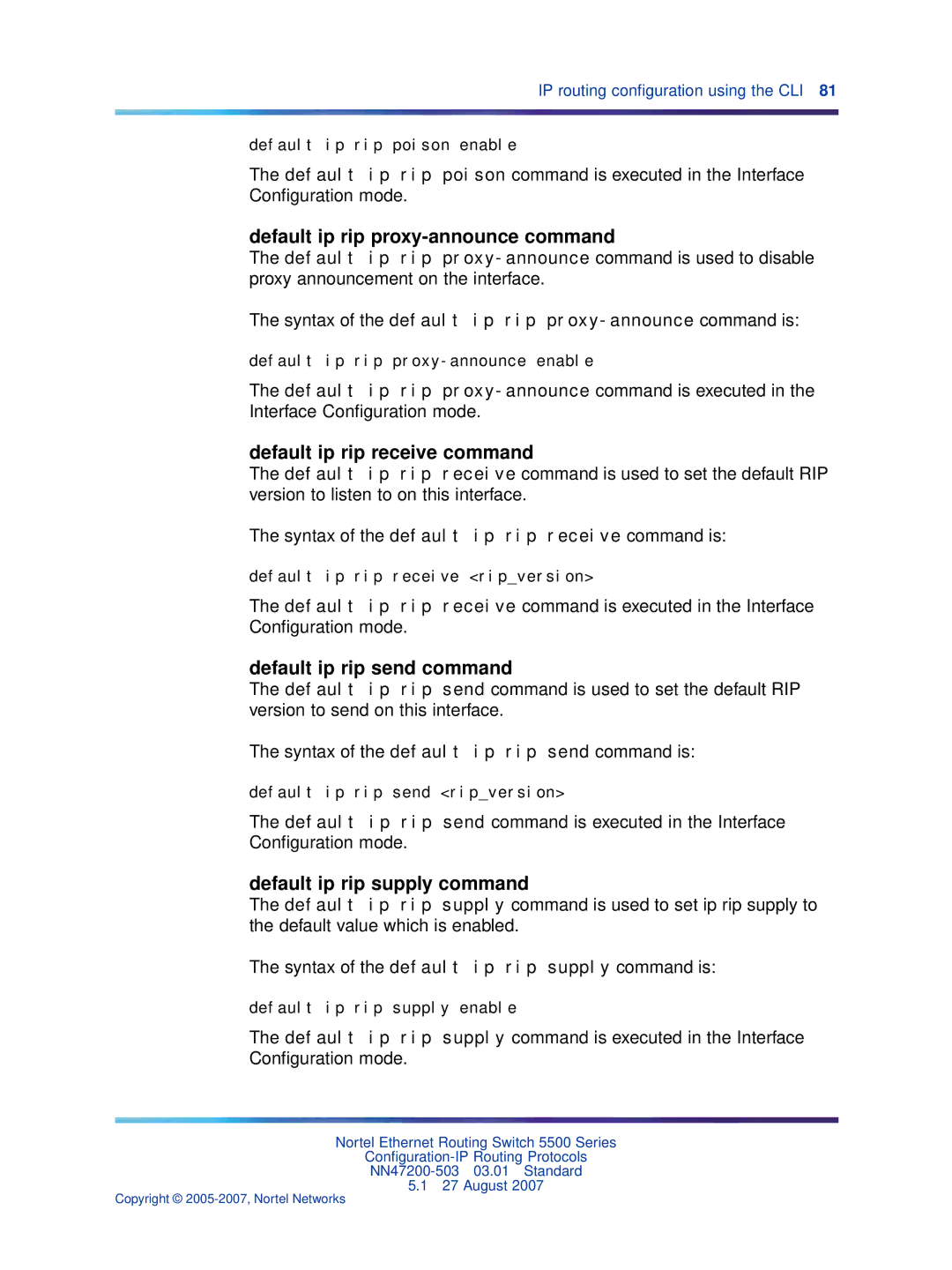 Nortel Networks NN47200-503 manual Default ip rip proxy-announce command, Default ip rip receive command 