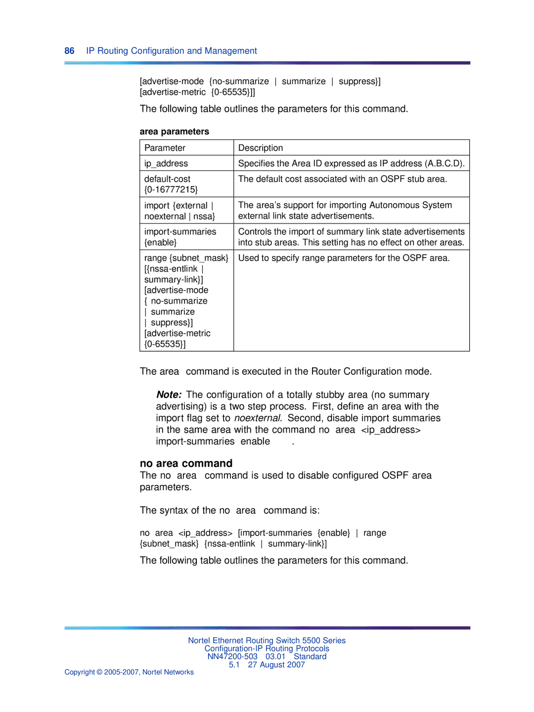 Nortel Networks NN47200-503 No area command, Area command is executed in the Router Conﬁguration mode, Area parameters 