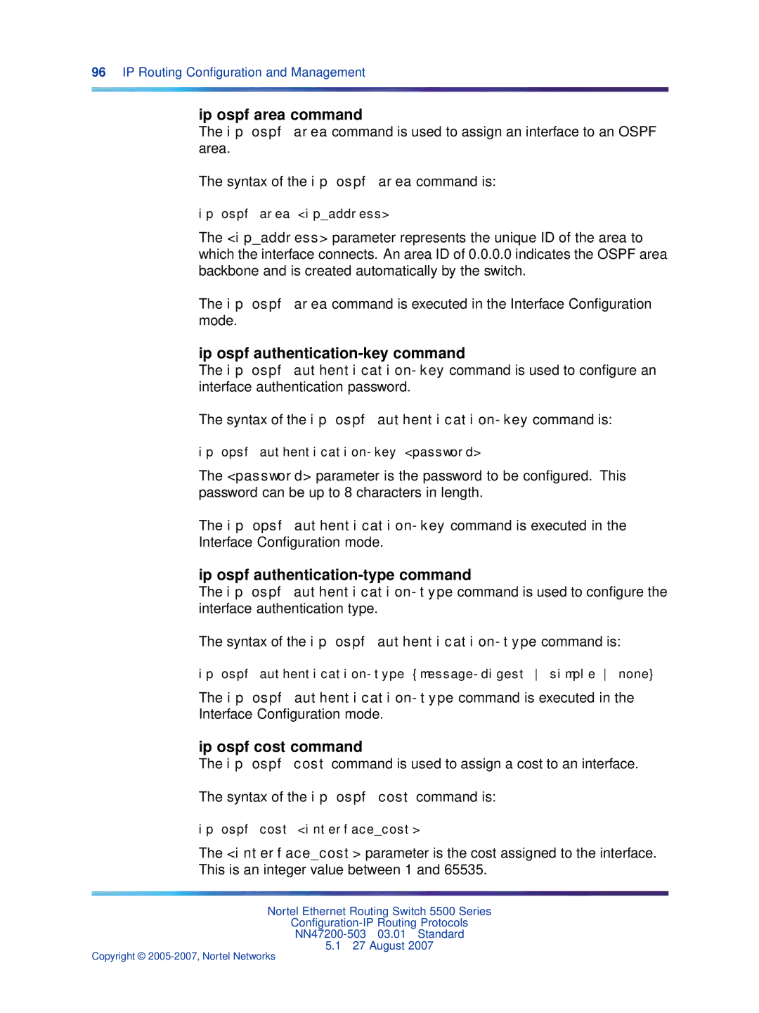 Nortel Networks NN47200-503 Ip ospf area command, Ip ospf authentication-key command, Ip ospf authentication-type command 