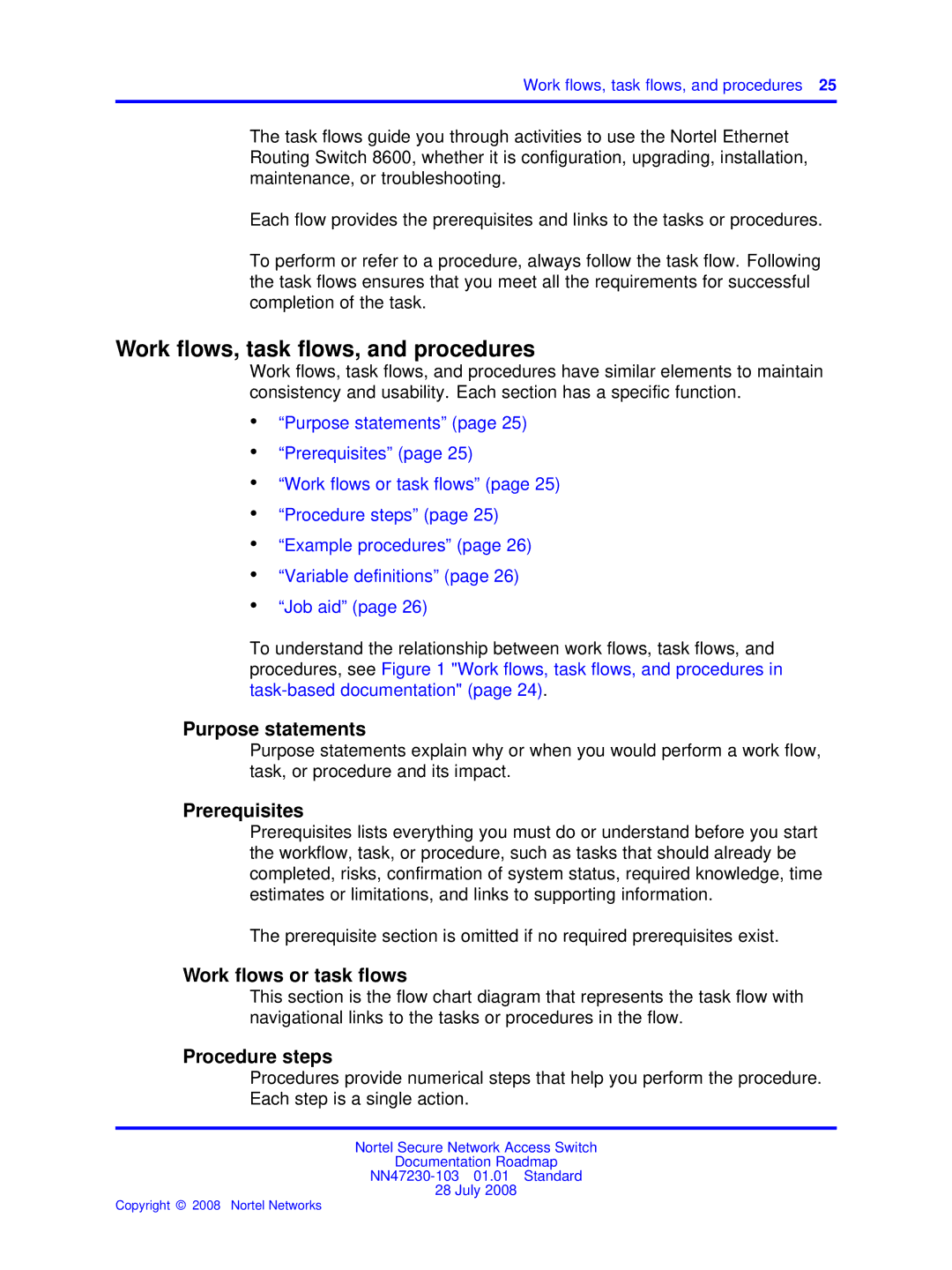 Nortel Networks NN47230-103 manual Work ﬂows, task ﬂows, and procedures, Purpose statements 