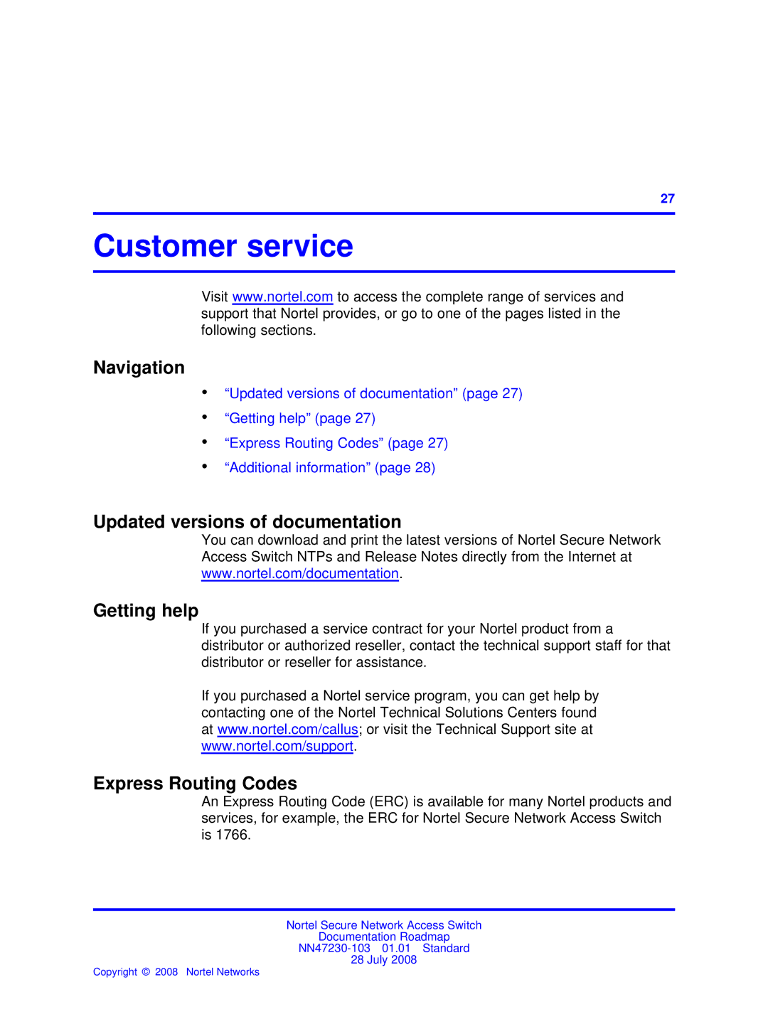 Nortel Networks NN47230-103 manual Customer service, Updated versions of documentation Getting help, Express Routing Codes 