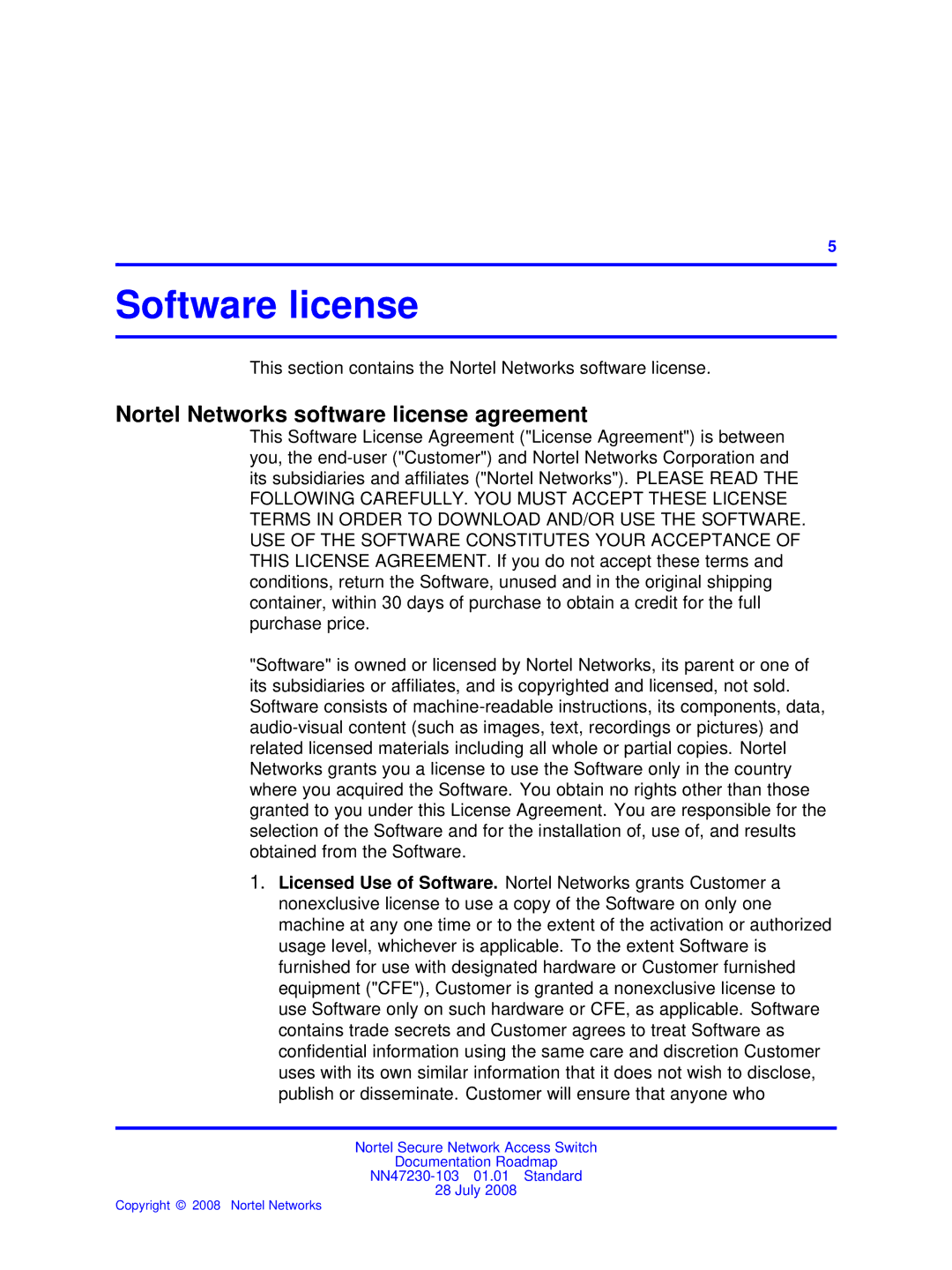 Nortel Networks NN47230-103 manual Software license, Nortel Networks software license agreement 