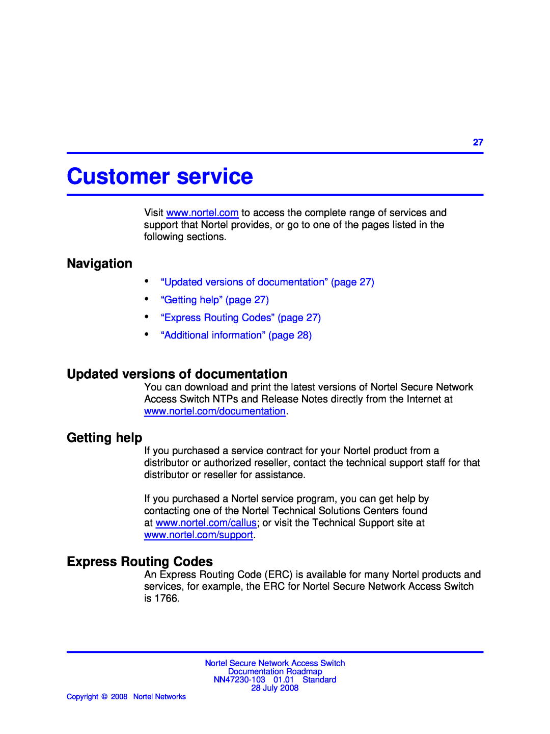 Nortel Networks NN47230-103 manual Customer service, Updated versions of documentation, Getting help, Express Routing Codes 