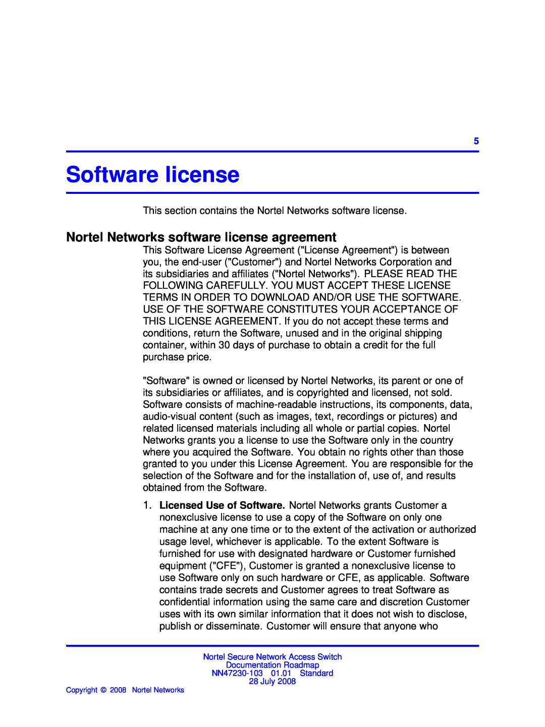Nortel Networks NN47230-103 manual Software license, Nortel Networks software license agreement 