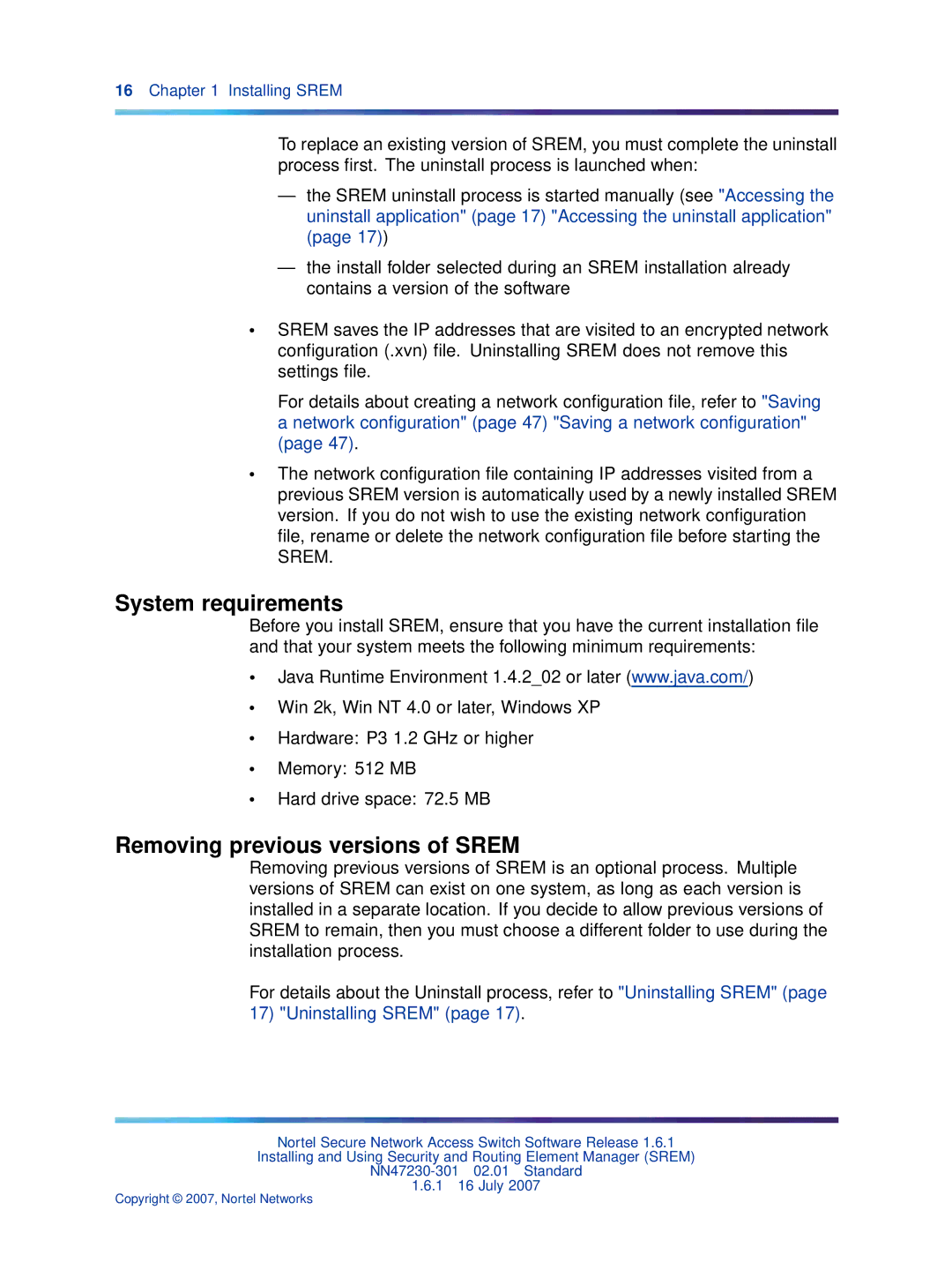 Nortel Networks NN47230-301 manual System requirements, Removing previous versions of Srem 