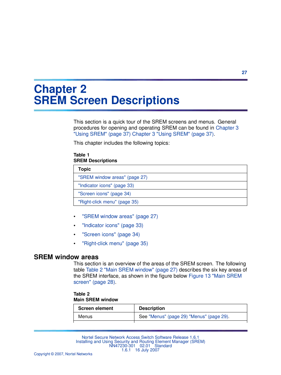 Nortel Networks NN47230-301 manual Srem window areas, Srem Descriptions Topic, Main Srem window Screen element Description 