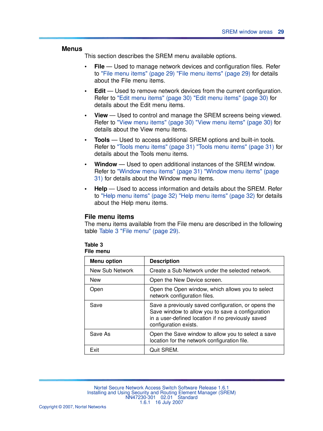 Nortel Networks NN47230-301 manual Menus, File menu items, File menu Menu option Description 