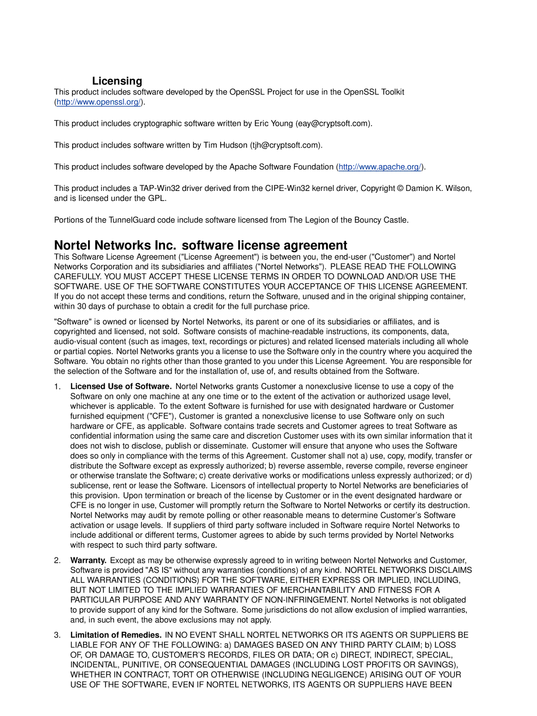 Nortel Networks NN47230-301 manual Nortel Networks Inc. software license agreement, Licensing 