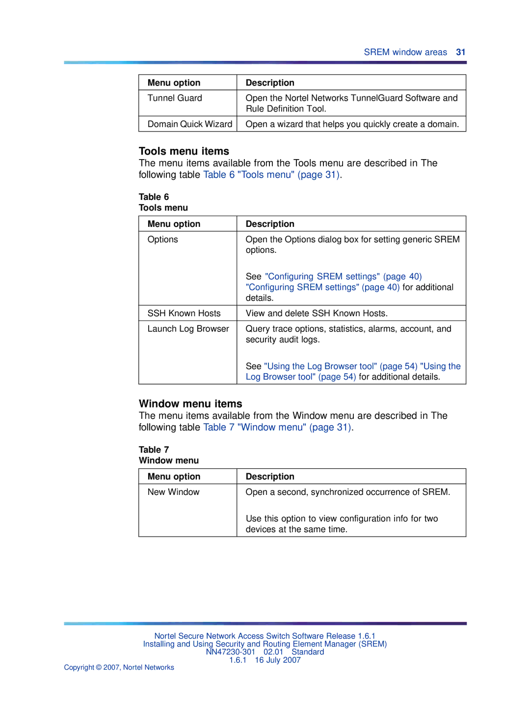 Nortel Networks NN47230-301 manual Tools menu items, Window menu items, Menu option Description 