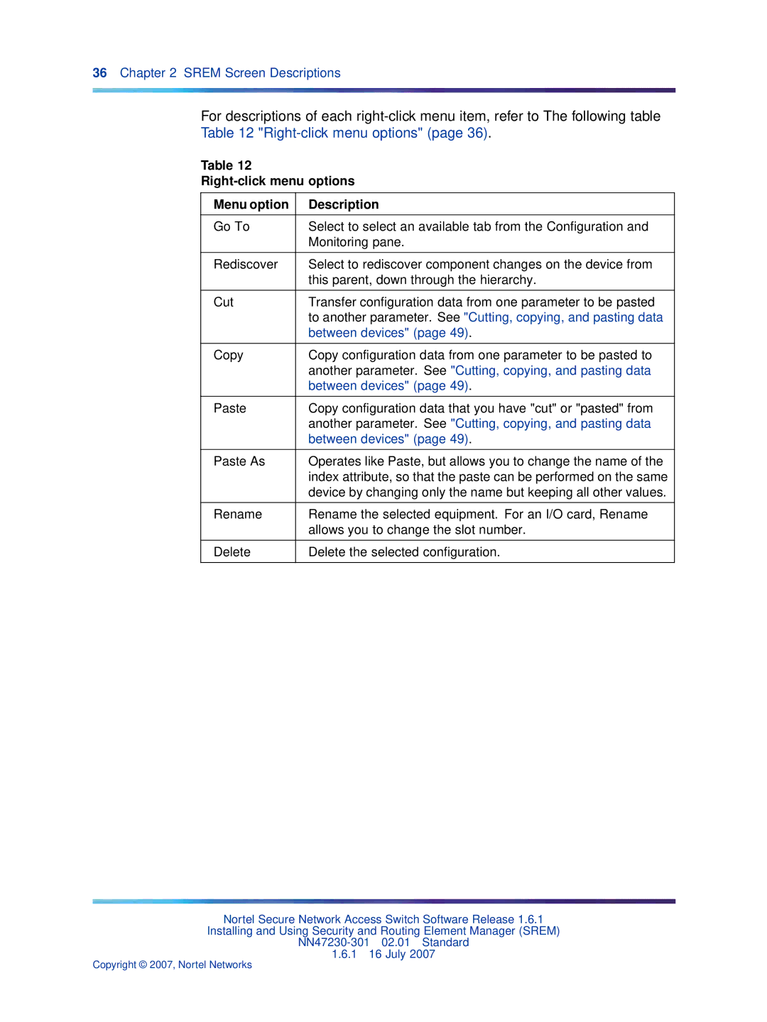 Nortel Networks NN47230-301 manual Right-click menu options Menu option Description 