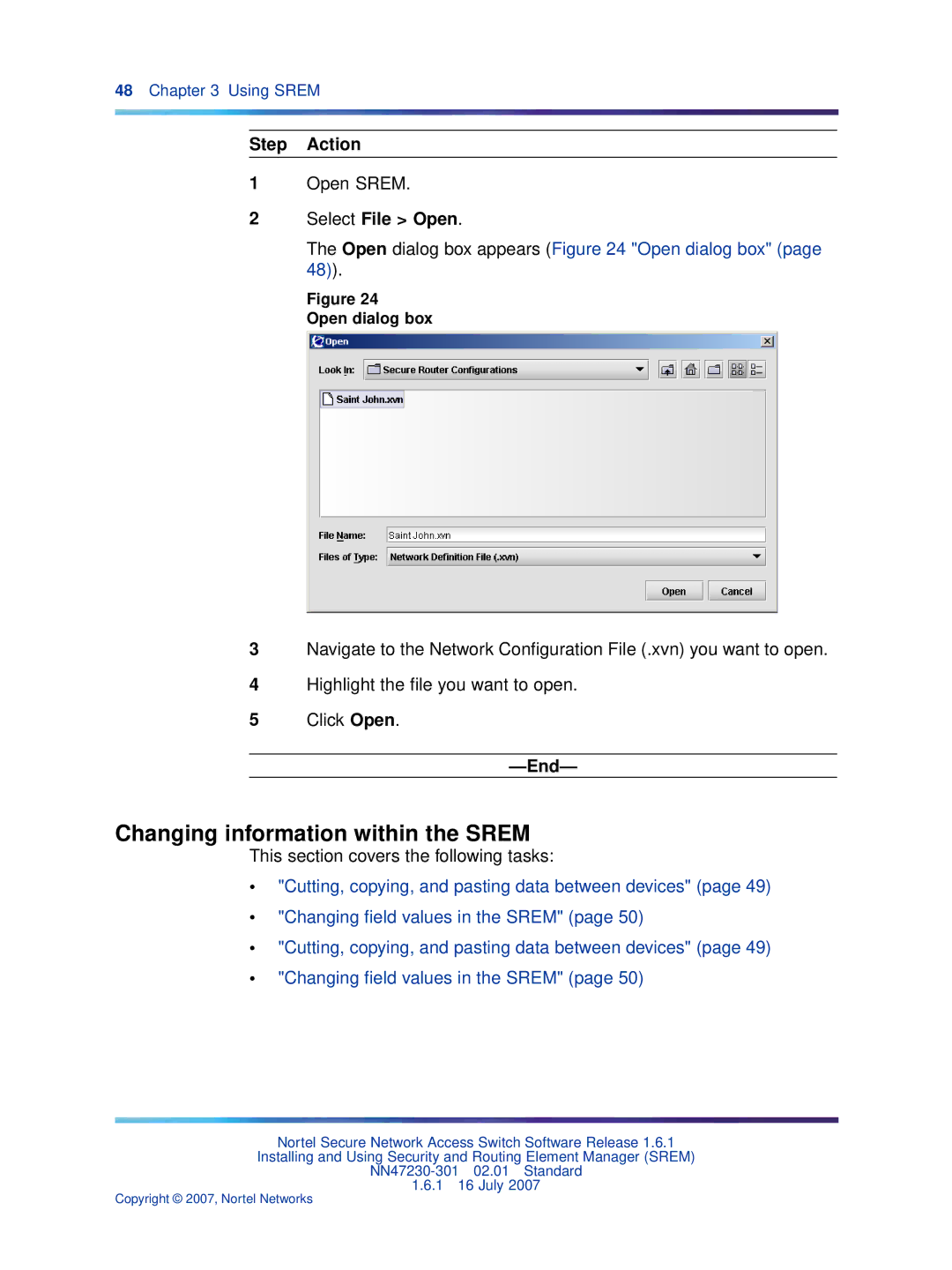 Nortel Networks NN47230-301 manual Changing information within the Srem, Open dialog box 