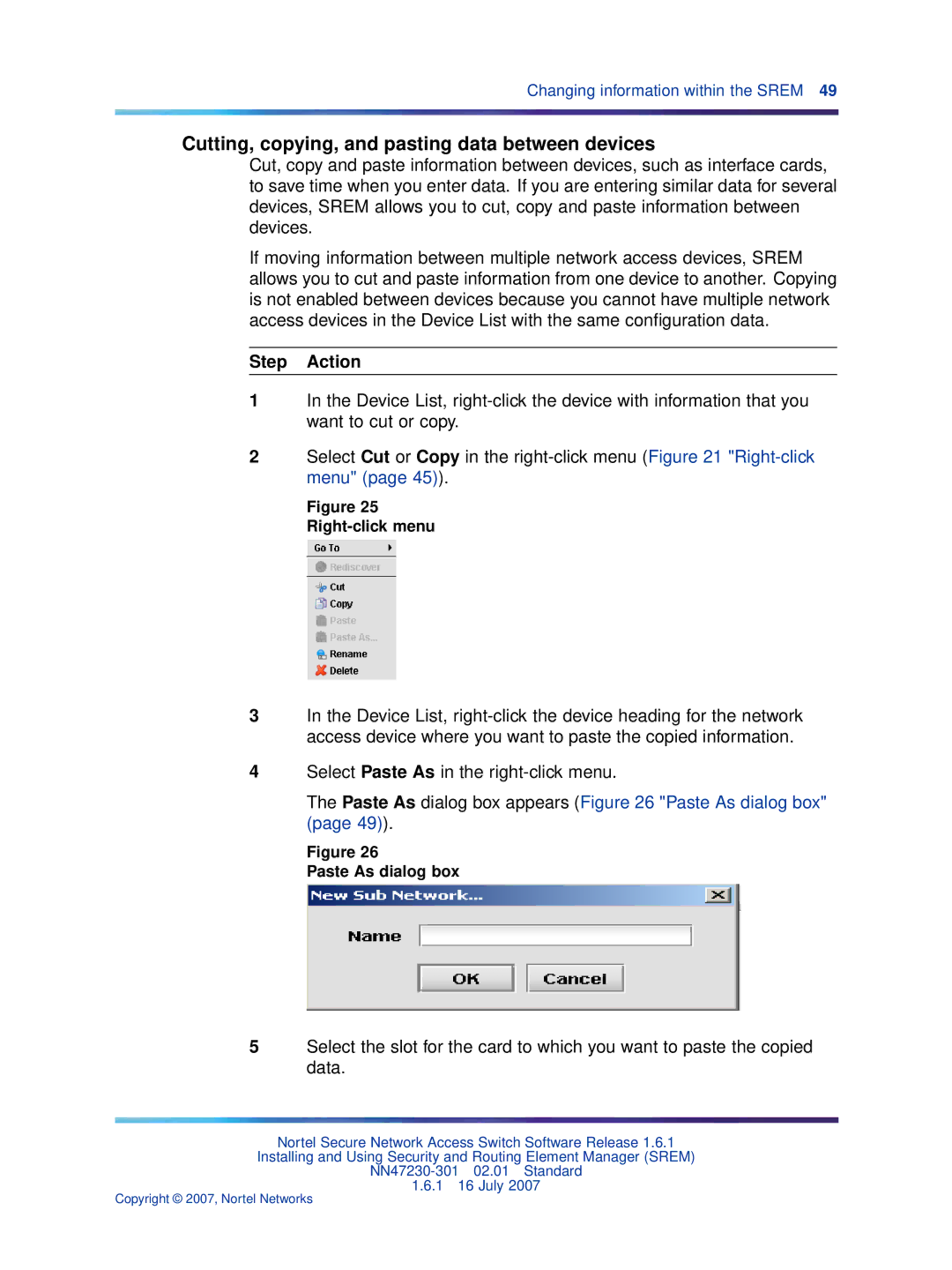 Nortel Networks NN47230-301 manual Cutting, copying, and pasting data between devices, Paste As dialog box 