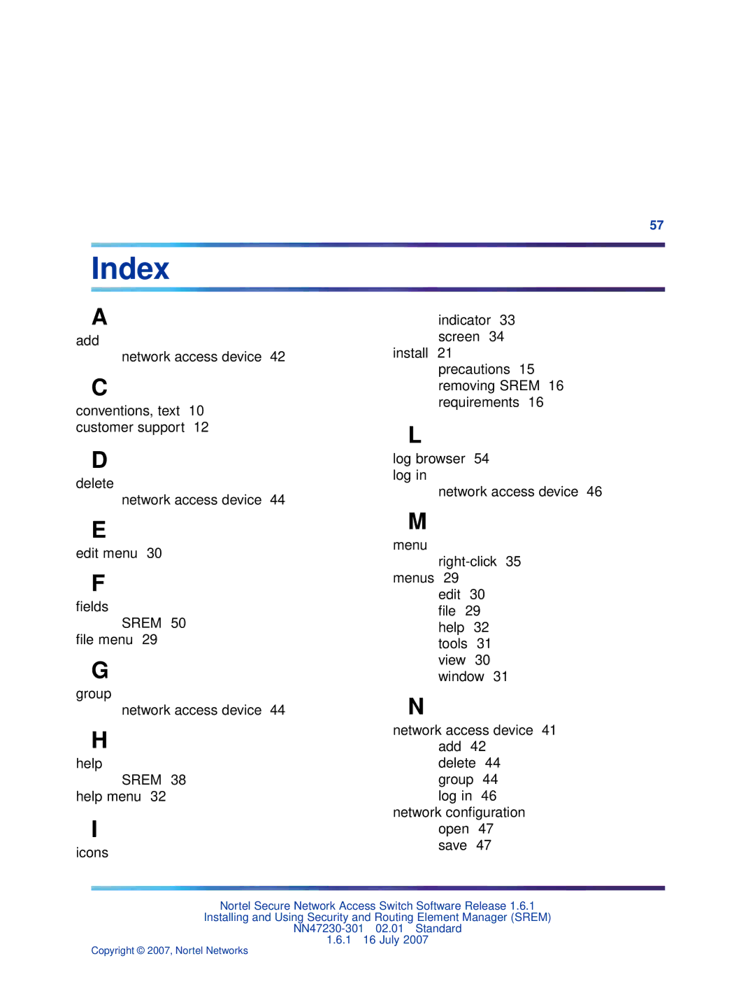 Nortel Networks NN47230-301 manual Index 