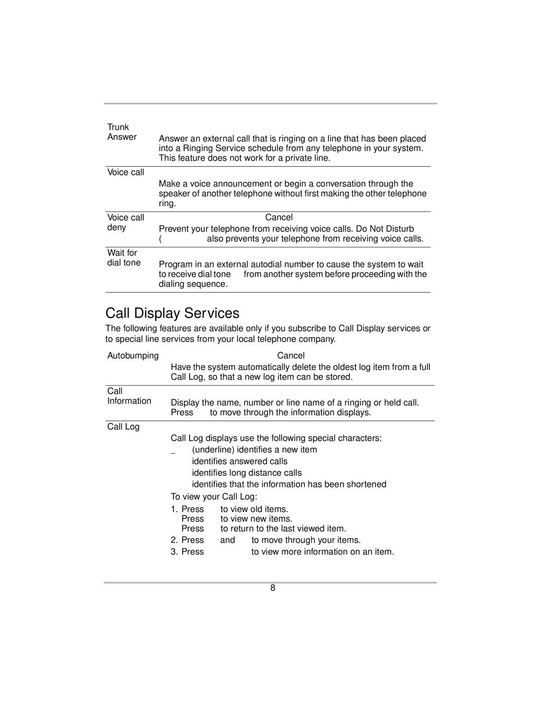 Nortel Networks Norstar ICS Trunk Answer, Voice call Cancel ≤£ Deny, Wait for dial tone, Autobumping, Cancel ≤£⁄ﬁ 