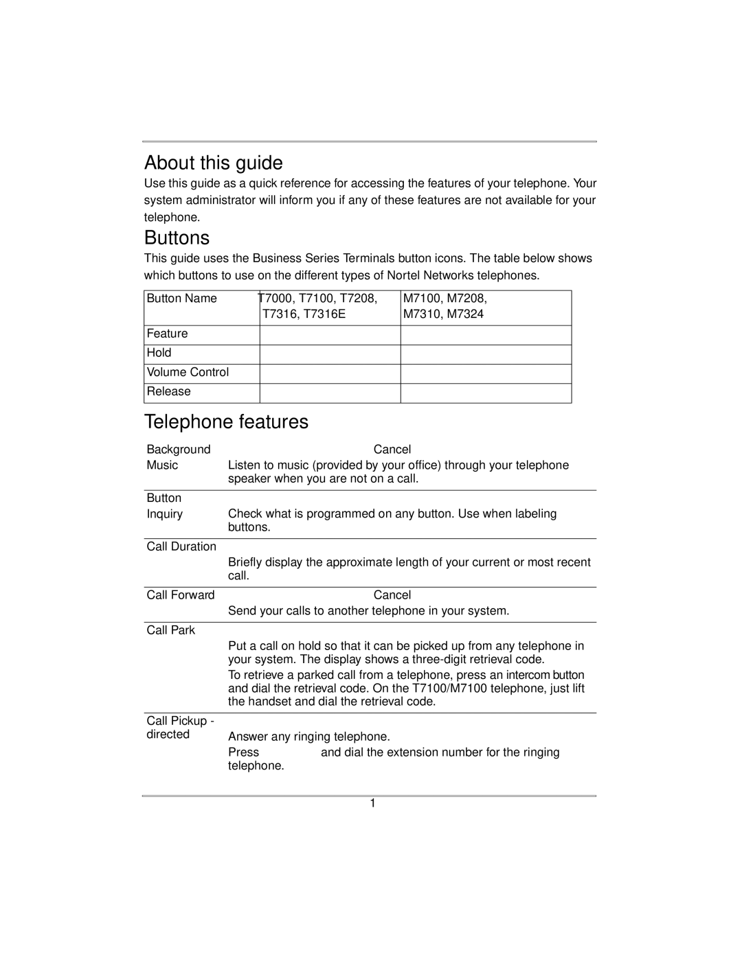 Nortel Networks Norstar ICS Background Cancel ≤£ﬂ Music, Button Inquiry, Call Duration, Call Forward Cancel ≤£›, Call Park 