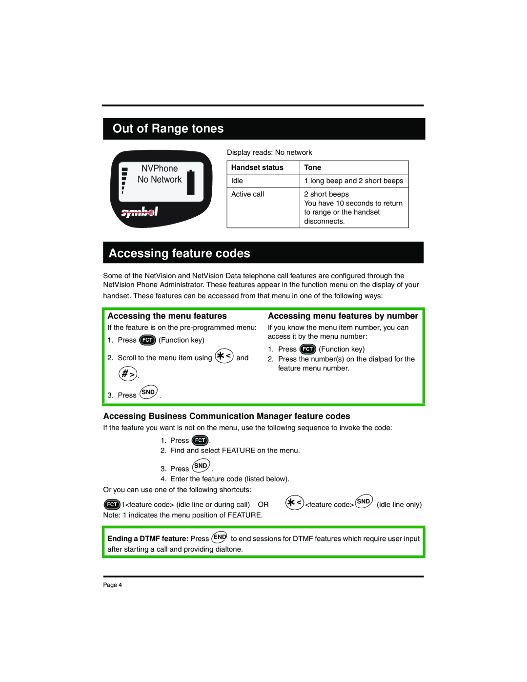 Nortel Networks NP-4046-100 manual Out of Range tones, Accessing feature codes, Handset status Tone 