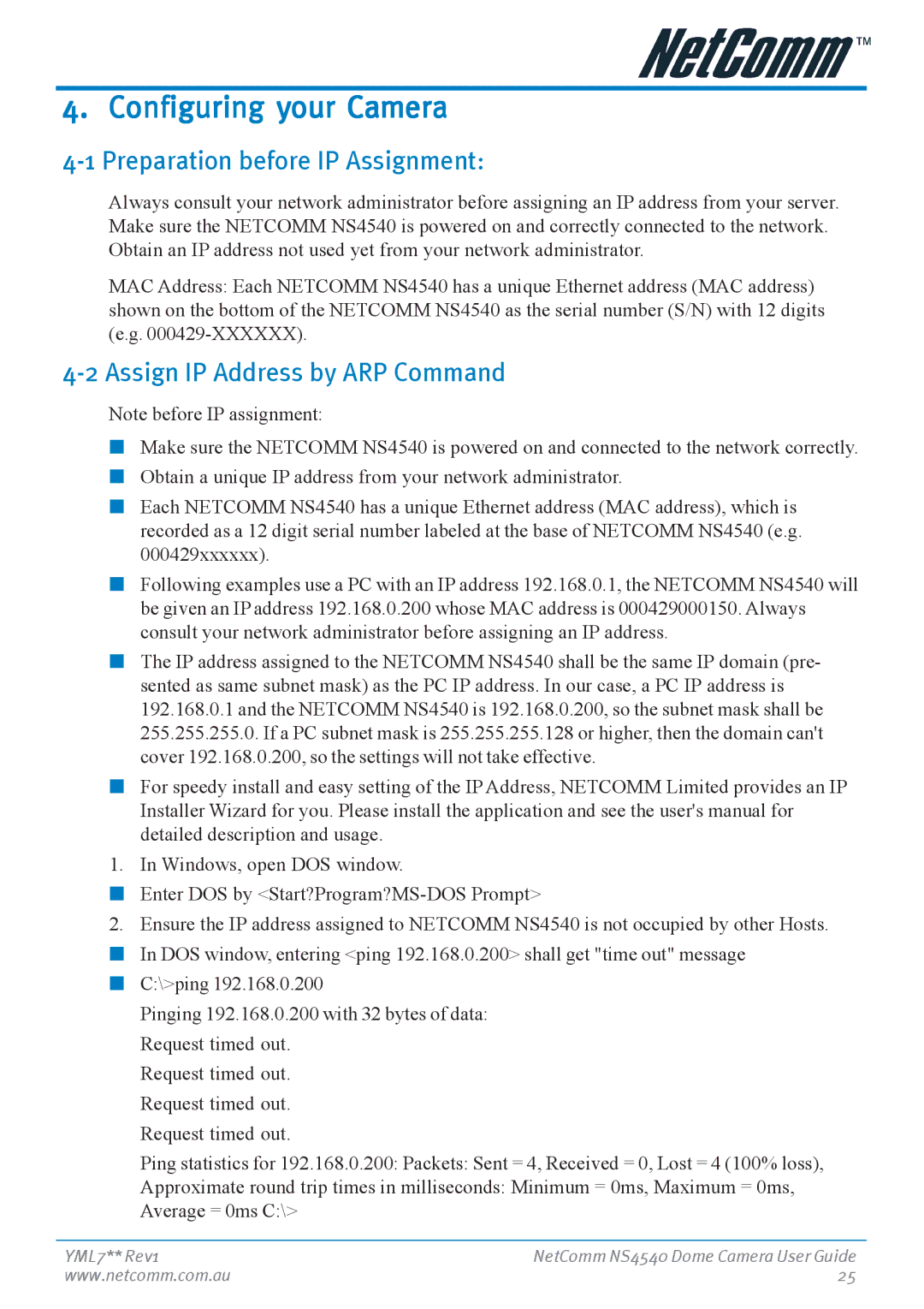 Nortel Networks NS4540 manual Configuring your Camera, Preparation before IP Assignment, Assign IP Address by ARP Command 