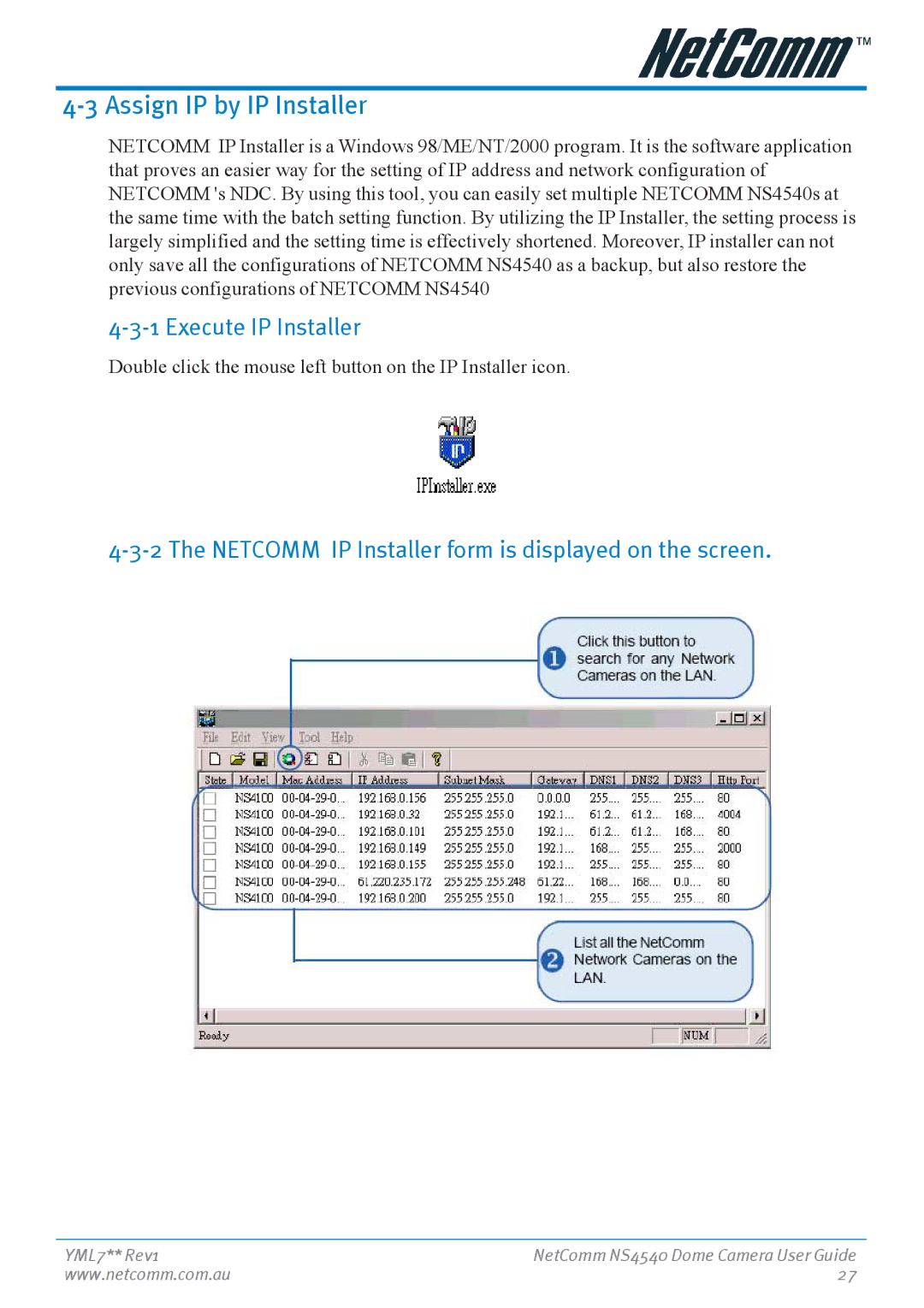 Nortel Networks NS4540 manual Assign IP by IP Installer, Execute IP Installer 