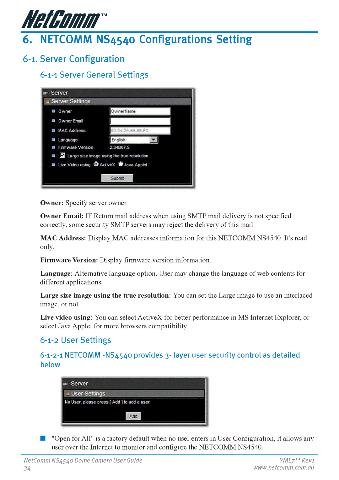 Nortel Networks Netcomm NS4540 Configurations Setting, Server Configuration, Server General Settings, User Settings 