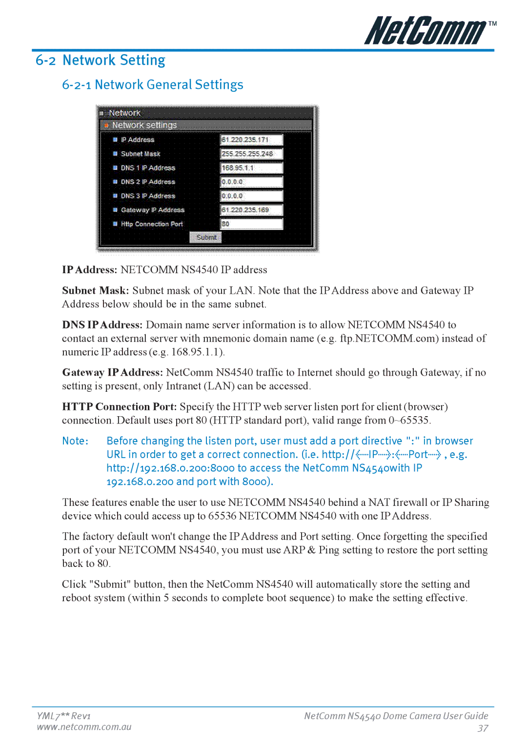 Nortel Networks NS4540 manual Network Setting, Network General Settings 