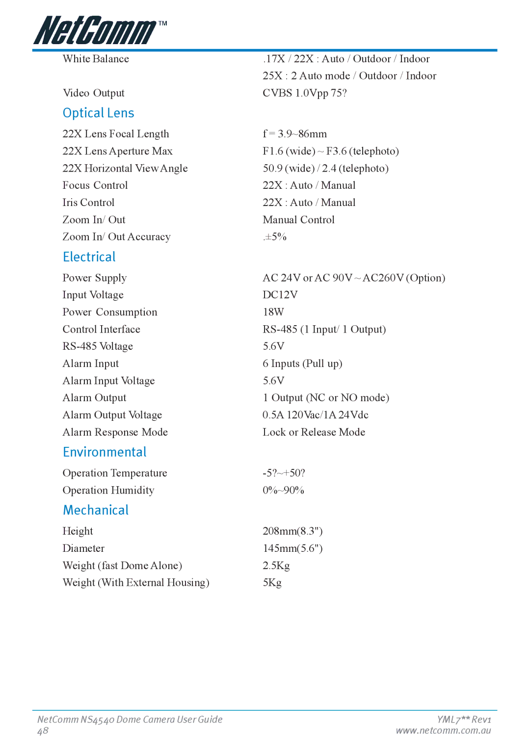 Nortel Networks NS4540 manual Optical Lens, Electrical, Environmental, Mechanical 