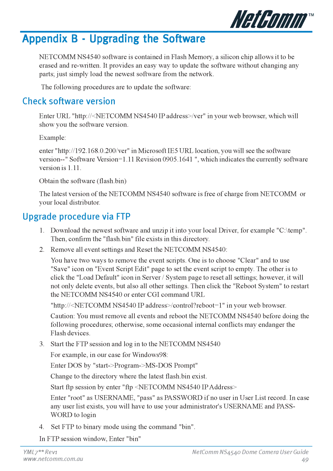 Nortel Networks NS4540 manual Appendix B Upgrading the Software, Check software version, Upgrade procedure via FTP 