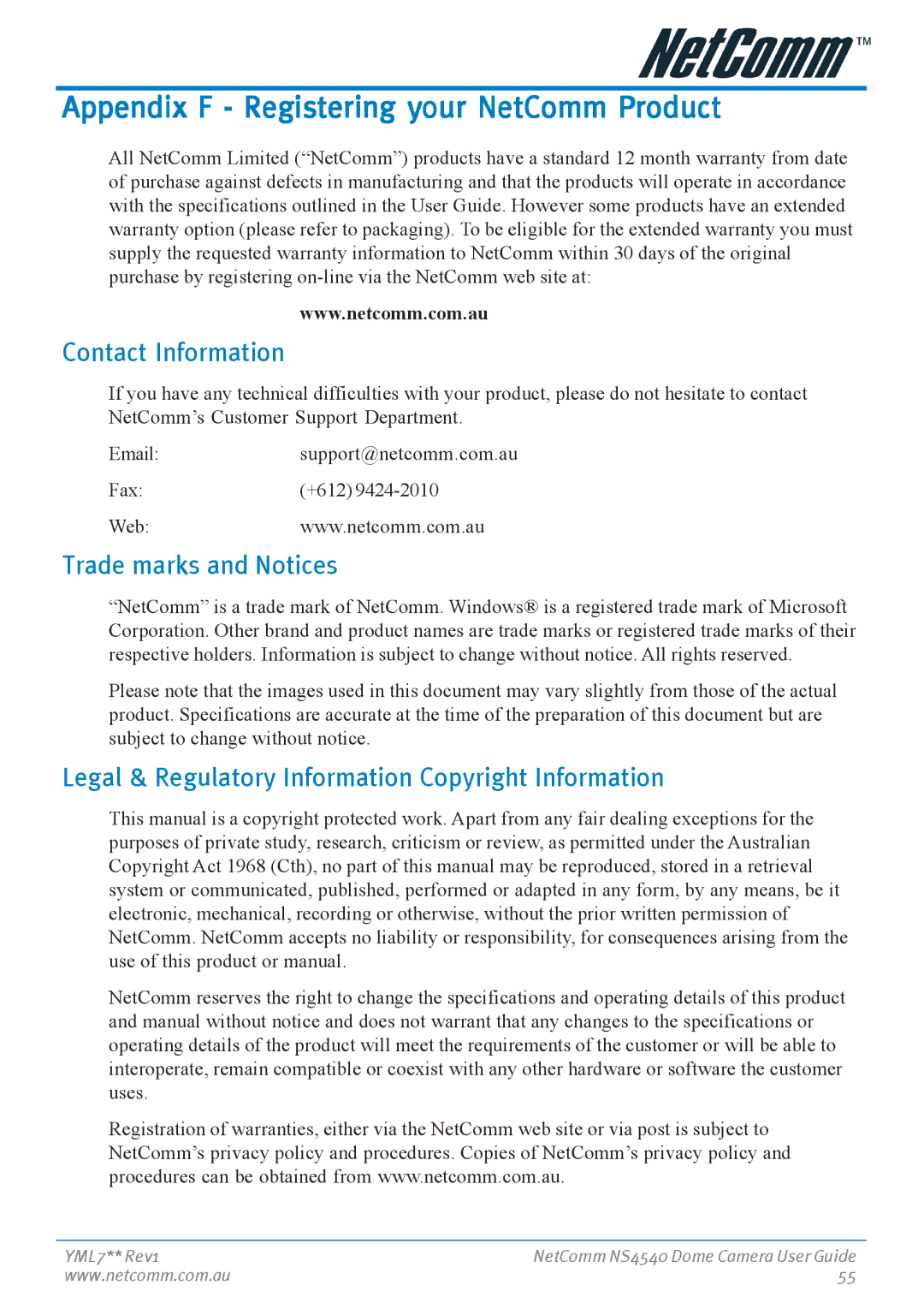 Nortel Networks NS4540 manual Appendix F Registering your NetComm Product, Contact Information, Trade marks and Notices 