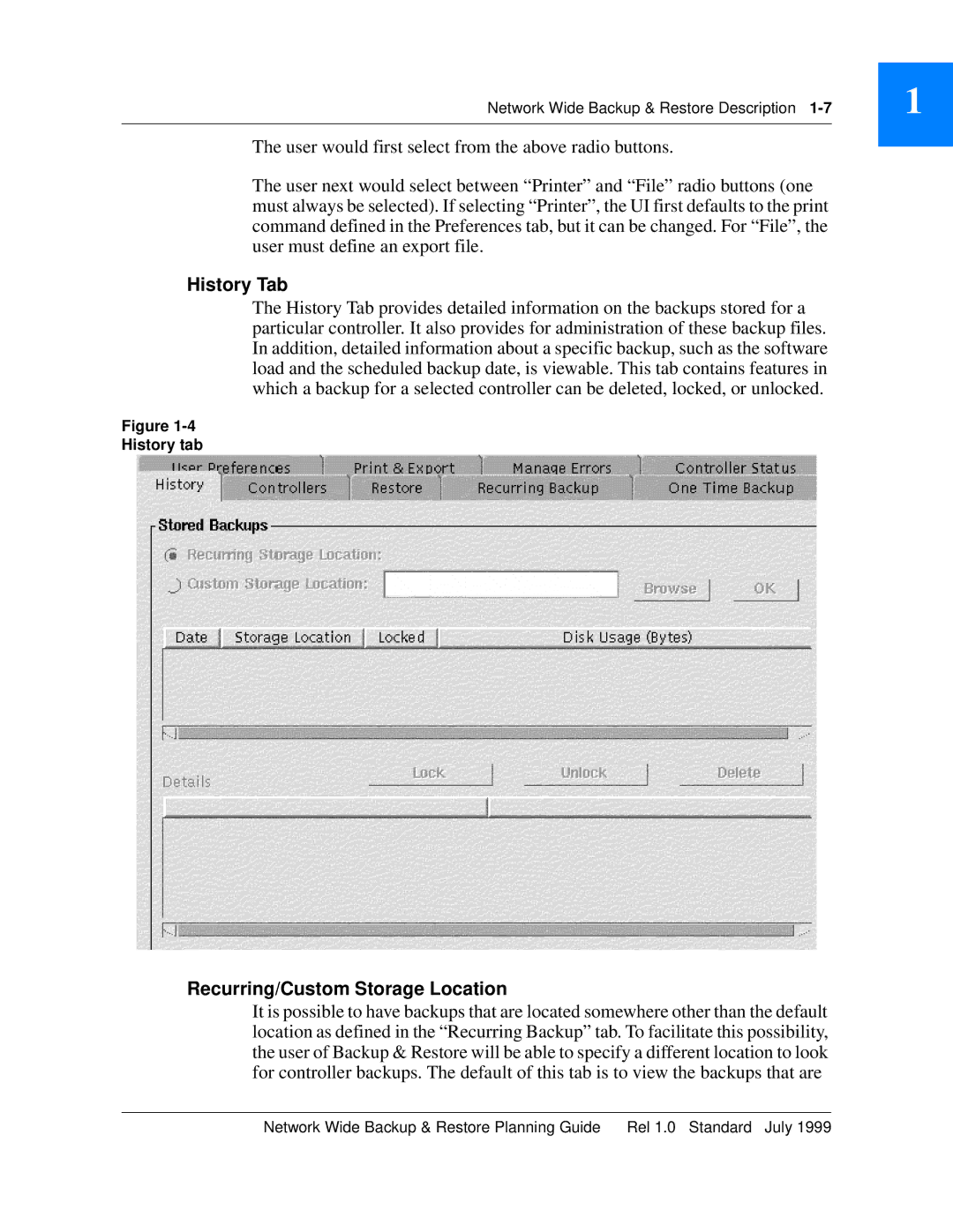 Nortel Networks NTNM13XKAB manual History Tab, Recurring/Custom Storage Location, History tab 