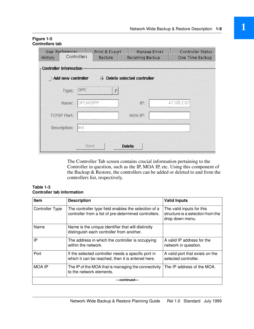 Nortel Networks NTNM13XKAB manual Controllers tab, Controller tab information Description Valid Inputs 