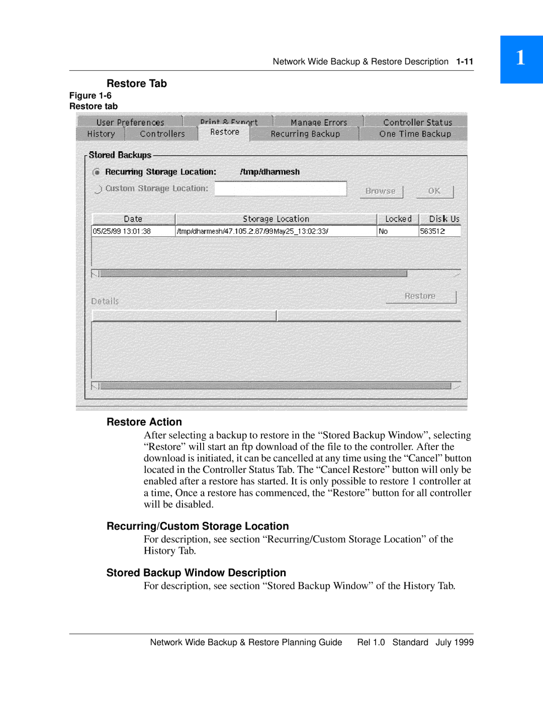 Nortel Networks NTNM13XKAB manual Restore Tab, Restore Action, Stored Backup Window Description, Restore tab 