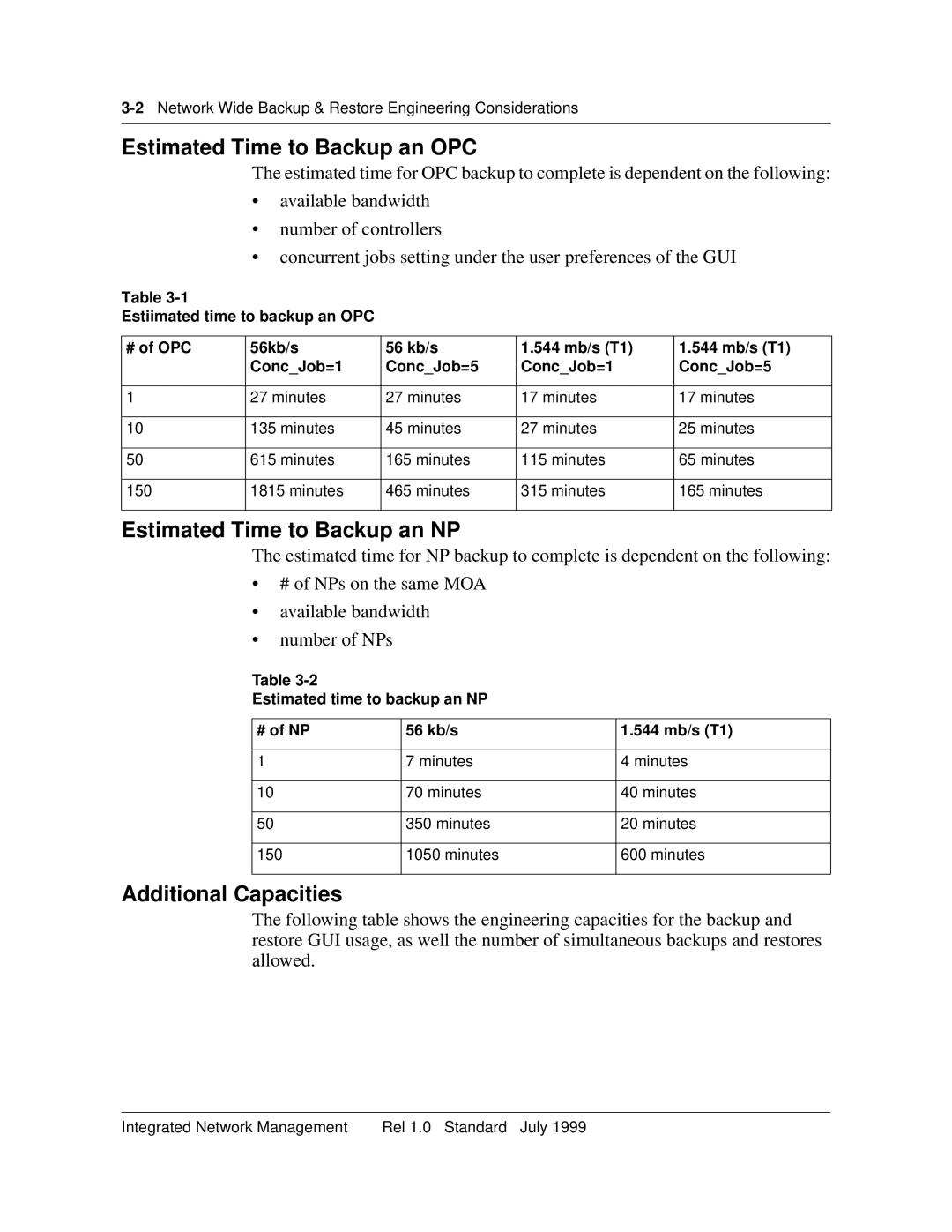 Nortel Networks NTNM13XKAB manual Estimated Time to Backup an OPC, Estimated Time to Backup an NP, Additional Capacities 